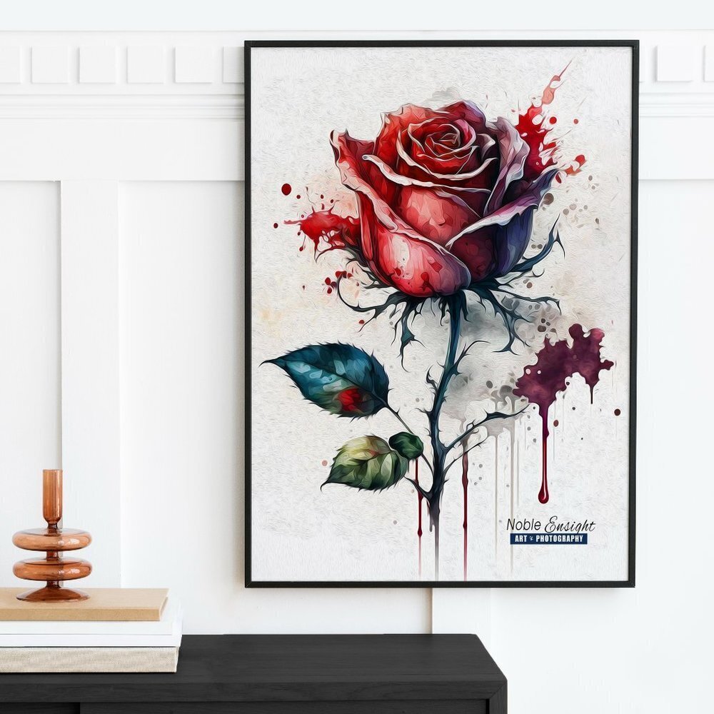 16x20 Rose‎ Flower Illustration Ink Splatter Art Watercolor Oil Painting Print